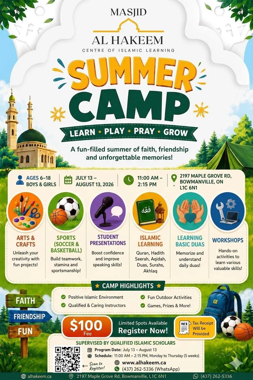 Masjid Al-Hakeem Summer Camp 2026 banner — learn, play, pray, grow — running July 13 to August 13, 2026 for ages 6 to 18.